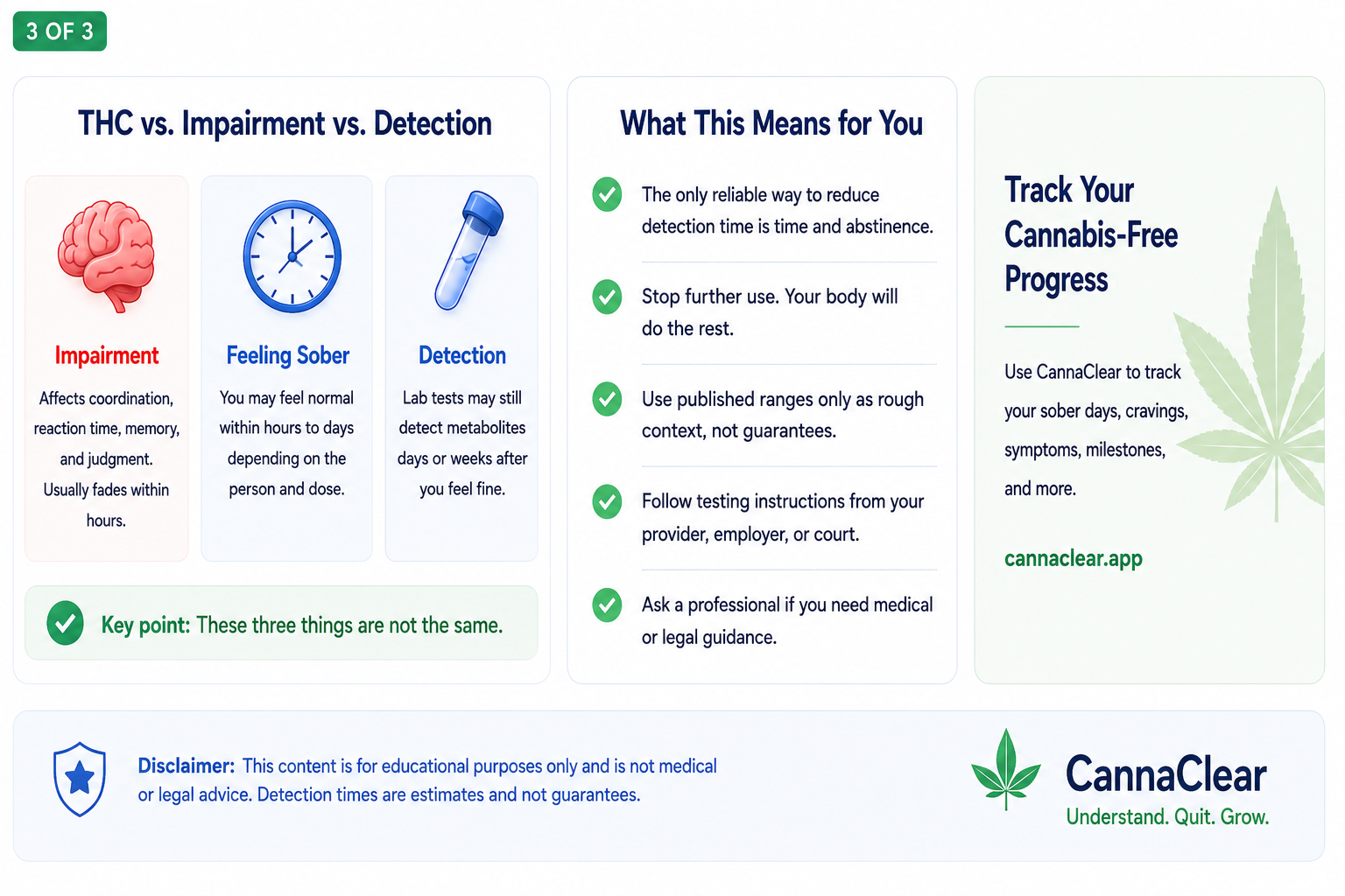 Infographic comparing THC impairment, feeling sober, and lab detection, with practical takeaways about what test results mean and why time and abstinence are the only reliable ways to reduce detection risk.