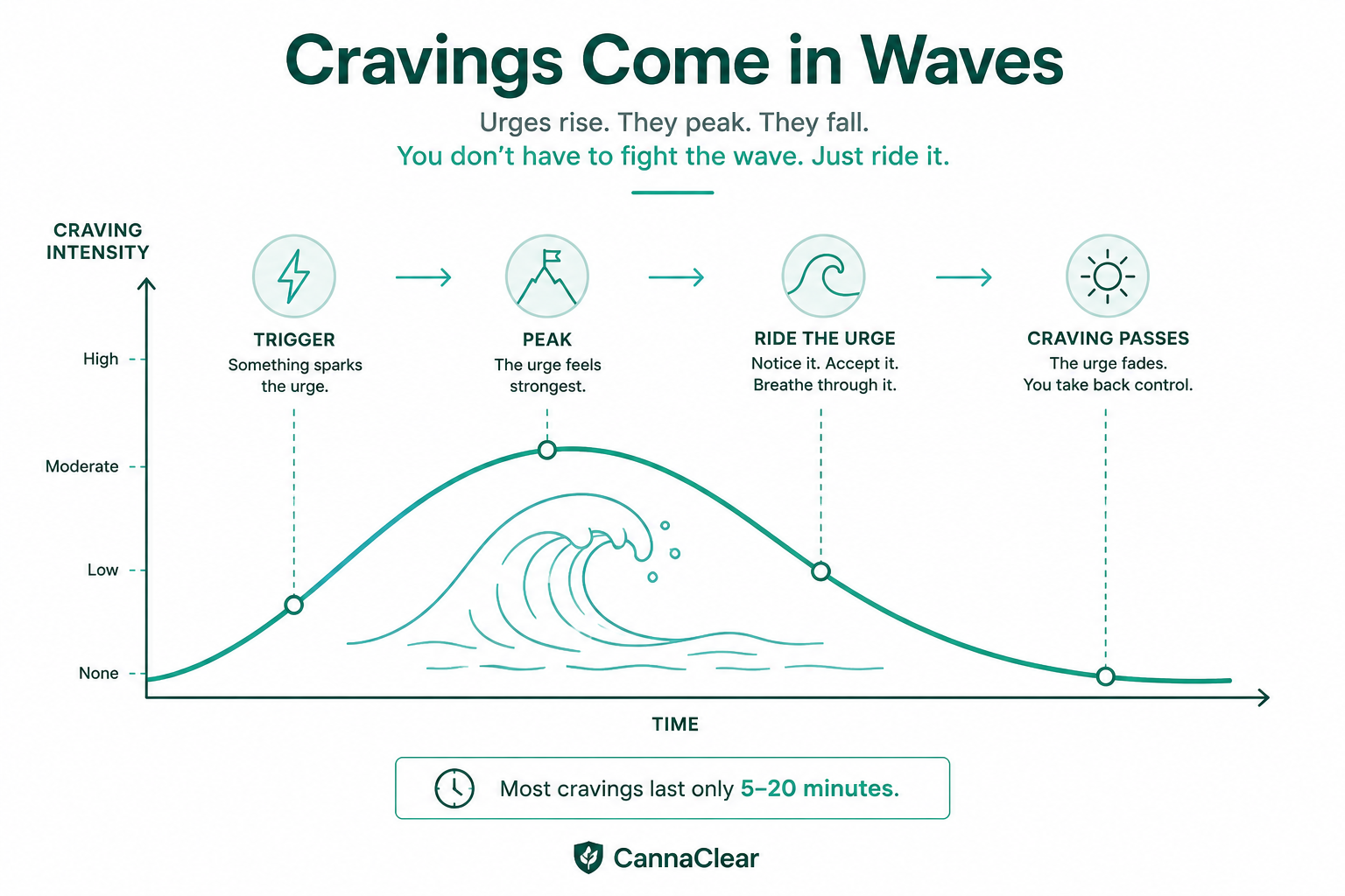 Cannabis cravings infographic explaining craving waves, common triggers, and quick coping actions after quitting weed.