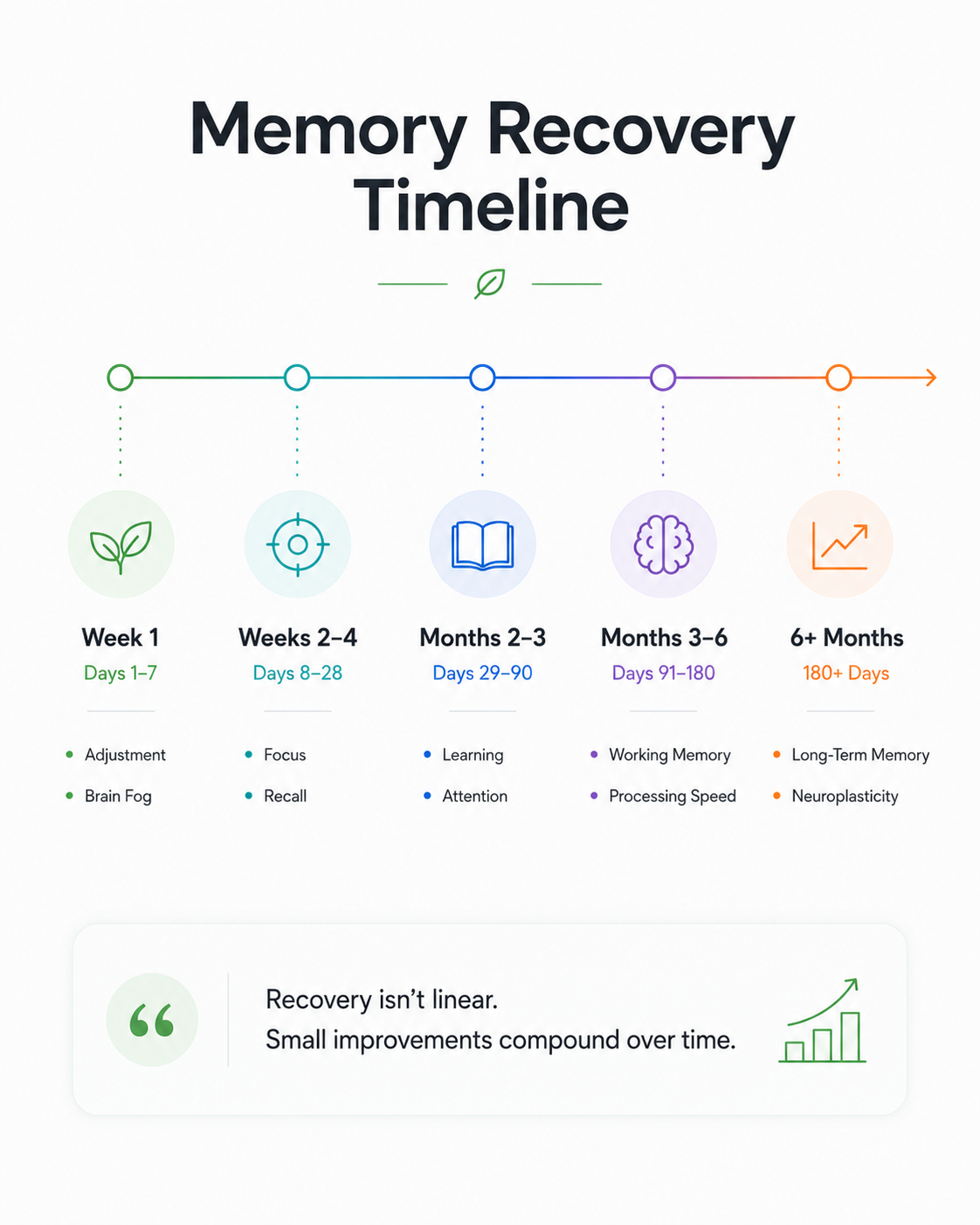 Infographic showing the memory recovery timeline after quitting weed, including week 1, weeks 2 to 4, months 2 to 3, months 3 to 6, and beyond 6 months.