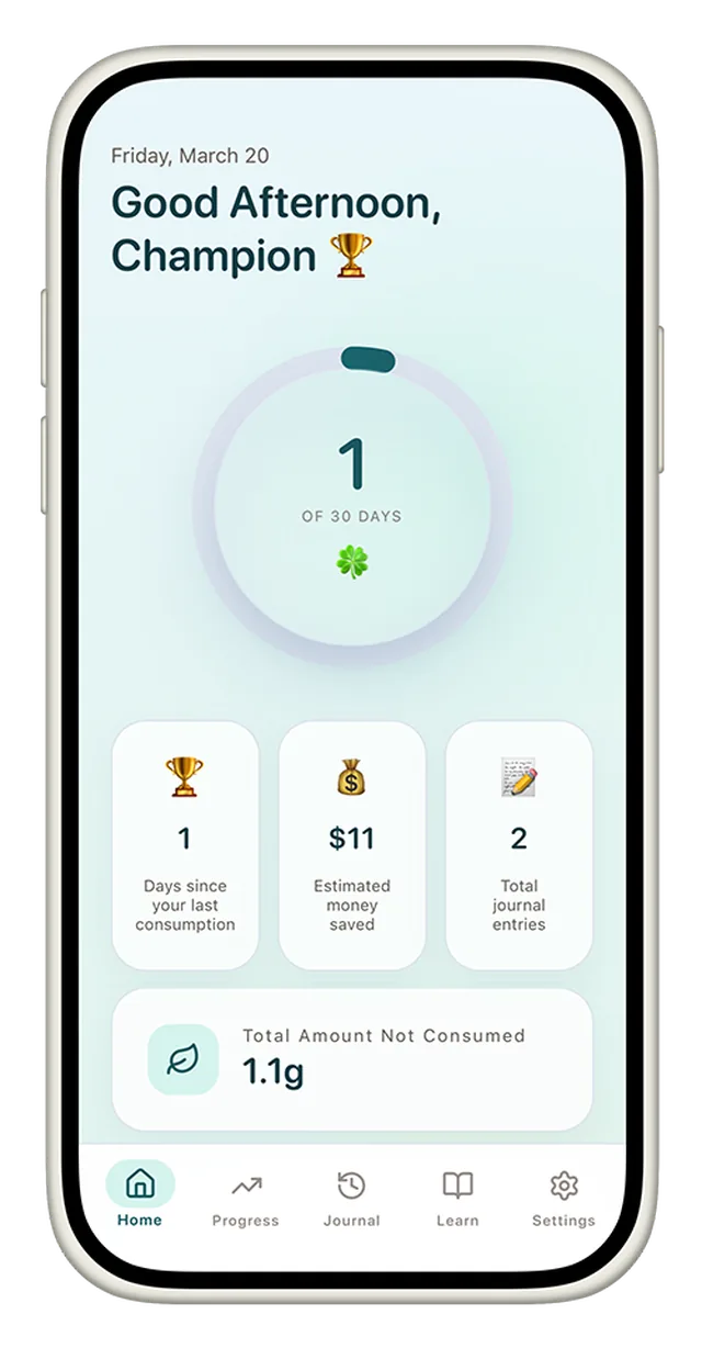 CannaClear home screen showing cannabis-free days and recovery progress
