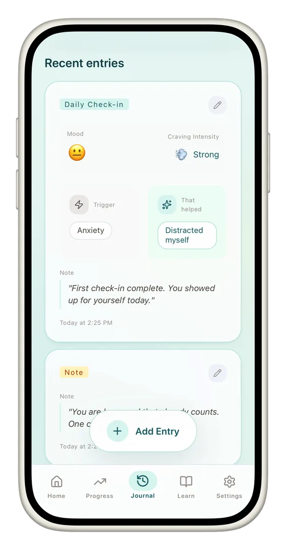 CannaClear recovery journal with daily check-ins, mood, triggers, and notes
