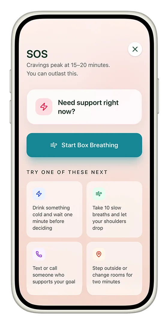 CannaClear craving SOS screen with immediate coping tools