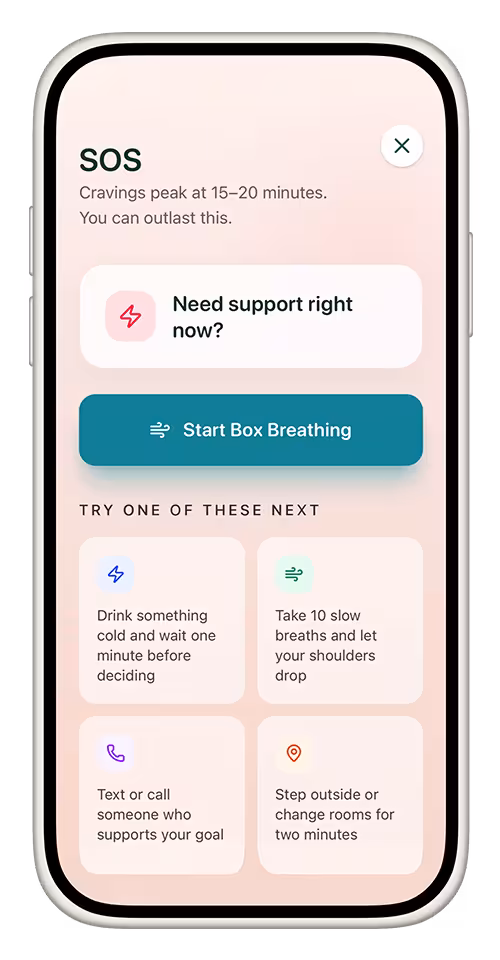 CannaClear SOS screen with box breathing, craving support tips, and quick actions to avoid weed relapse.